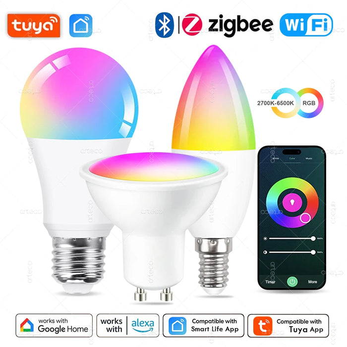 Smart LED Light Bulbs, WiFi, Zigbee & Bluetooth Connections, Several Fitting Bases for Home
