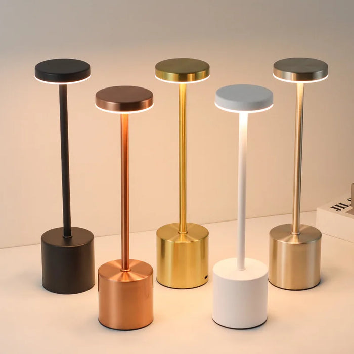 Rechargeable Touch Table Lamp, Flat Disc Shade, Three Finish Options, Slim Stem