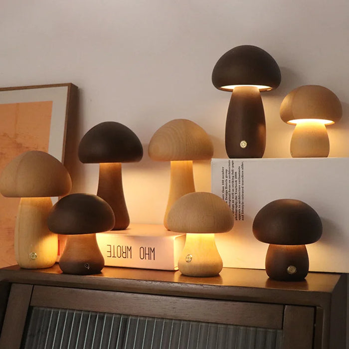 Wood Mushroom Table Lamp, Rounded Dome Shade, USB Rechargeable, Touch Control