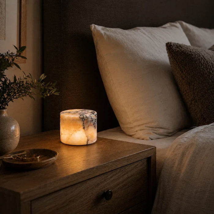 Polished Marble Cylinder Table Lamp, Handmade, Natural Stone Veining, Warm Glow Through the Stone, Bedside, Console & Hallway
