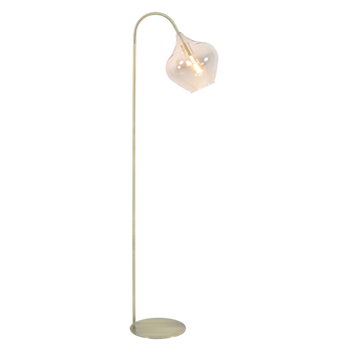 cut out of brass floor lamp with smoked glass shade, glowing from within