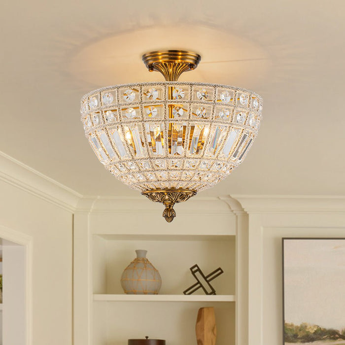 3-Light Brass Crystal Crystal Glass Flush Mount Chandelier