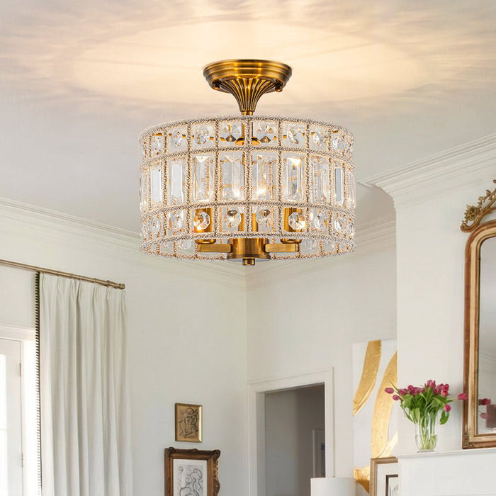 3-Light Brass Crystal Drum Flush Mount Chandelier