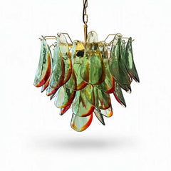 Textured Green and Amber Glass Tiered Chandelier, Brass Frame, Cascading Petal Design, Set of 2, Din