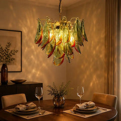 Textured Green and Amber Glass Tiered Chandelier, Brass Frame, Cascading Petal Design, Set of 2, Din