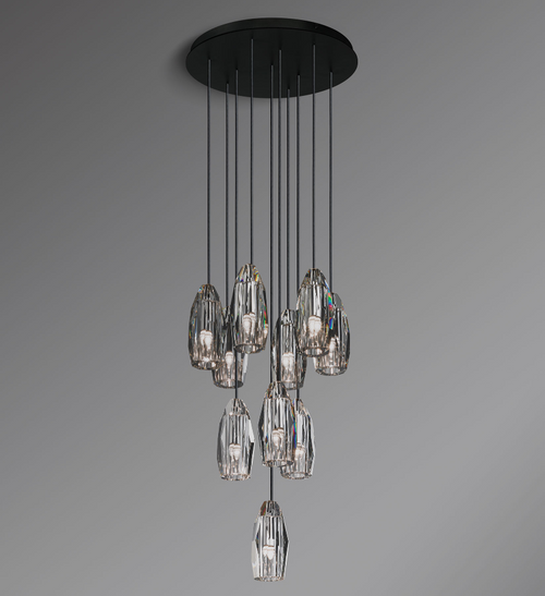 8 Light Faceted Crystal Teardrop Cluster Chandelier, Black Frame, Staggered Drop Bar Design, Chain S