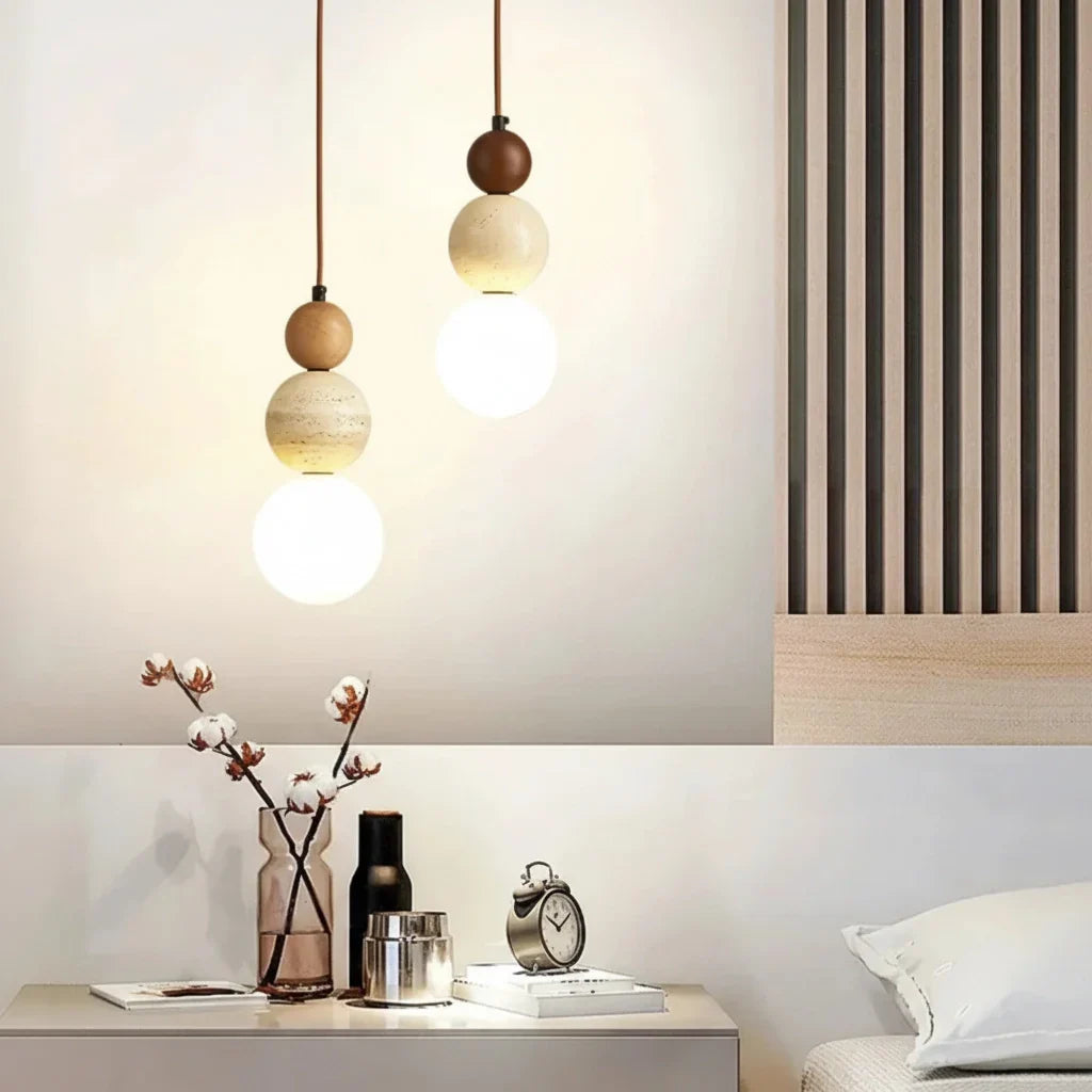 Natural Stone & Wood Pendant Light – Contemporary Bauhaus Style