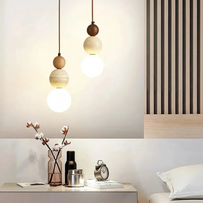 Opal Glass Globe Pendant Light, Stacked Natural Stone and Wood Bead Stem, Fabric Cord Drop, Bedside, Bedroom & Hallway