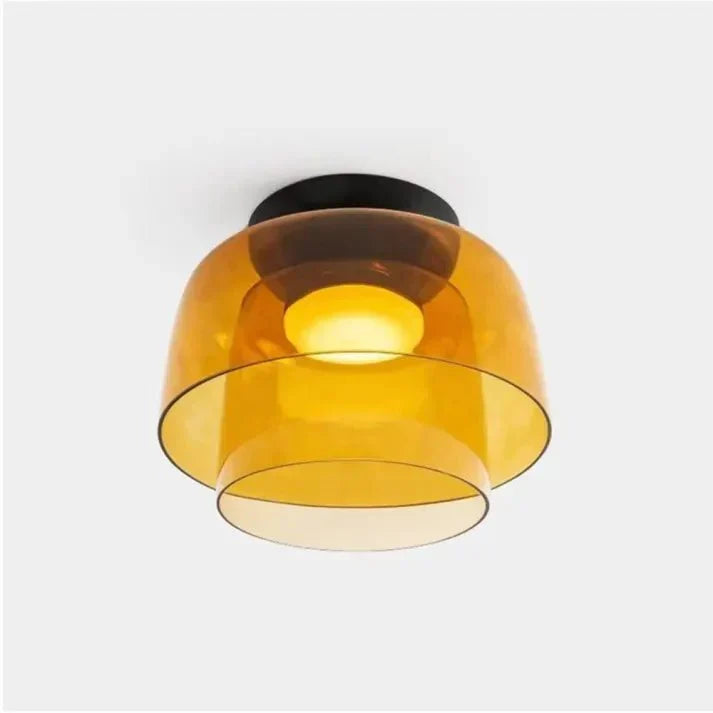 Amber Glass Bowl Semi Flush Ceiling Light, Matt Black Canopy, 32cm Two Tier Shade, 24cm Drop, Dining Room & Living Room