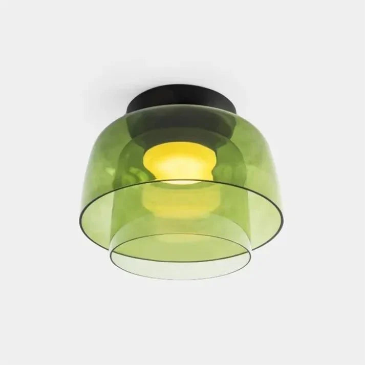 Olive Glass Bowl Semi Flush Ceiling Light, Matt Black Canopy, 32cm Two Tier Shade, 24cm Drop, Dining Room & Living Room