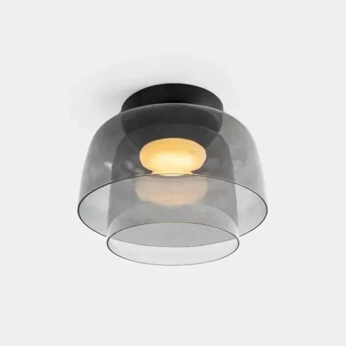 Grey Glass Bowl Semi Flush Ceiling Light, Matt Black Canopy, 32cm Two Tier Shade, 24cm Drop, Dining Room & Living Room