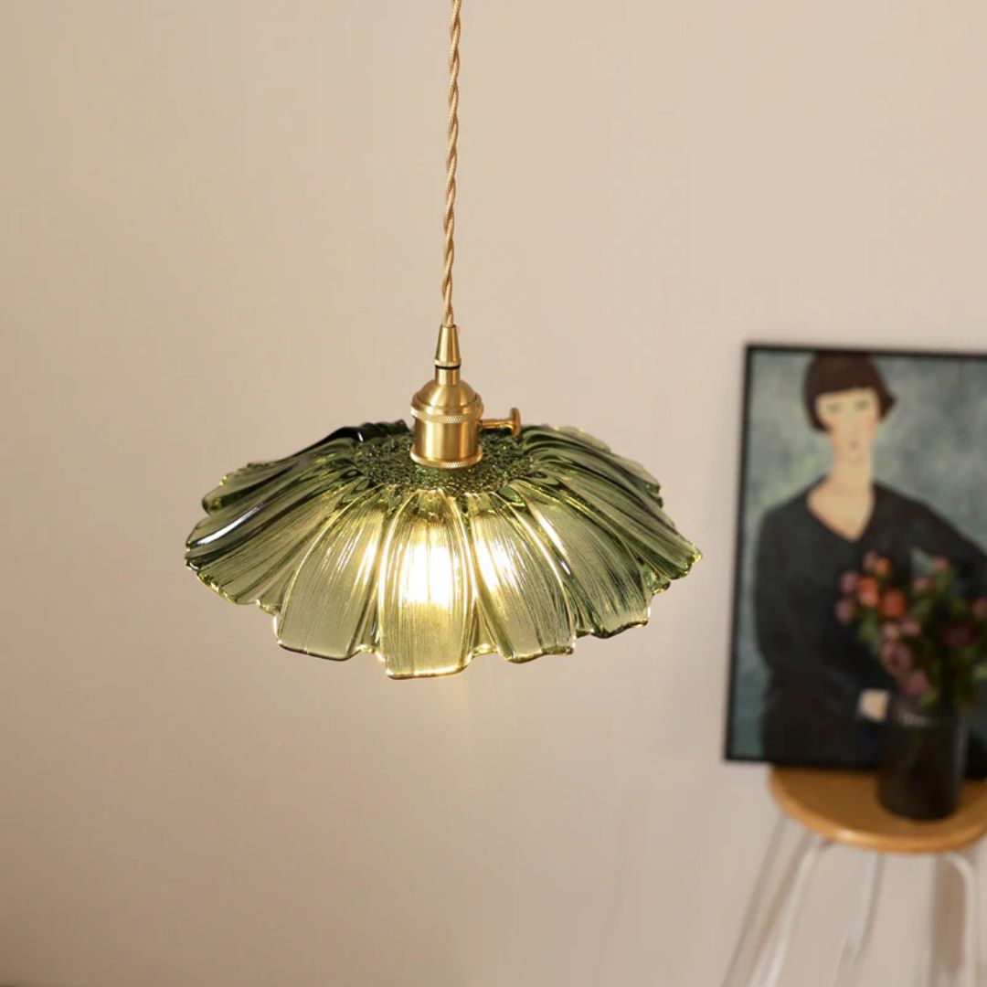 Fluted Green Glass Cone Pendant Light, Scalloped Rim, Brass Lamp Holder with a Switch, Dining Room & Living Room