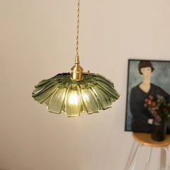 Fluted Green Glass Cone Pendant Light, Scalloped Rim, Brass Lamp Holder with a Switch, Dining Room & Living Room