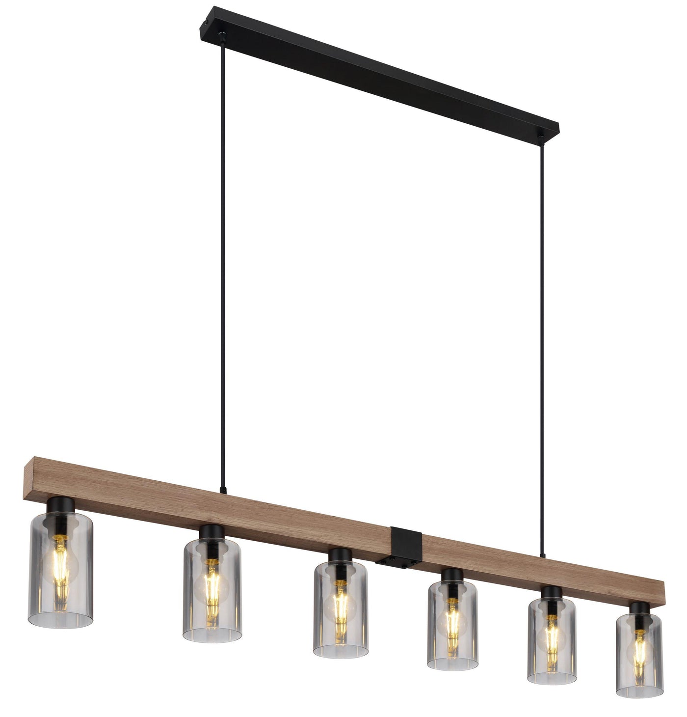 Contemporary wood hanging lights above kitchen island