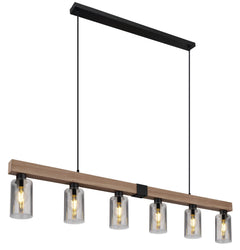 Contemporary wood hanging lights above kitchen island