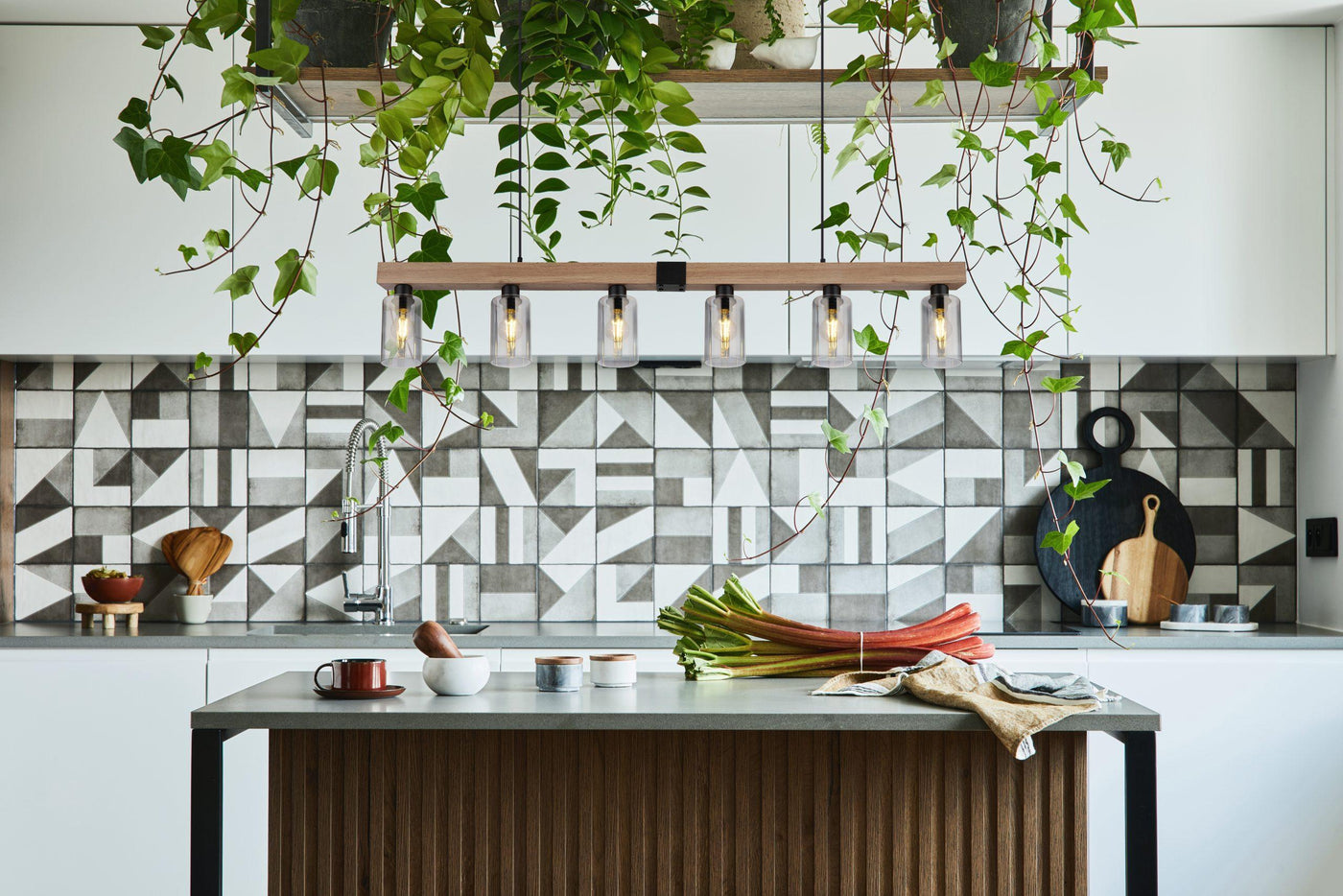 Modern wood kitchen pendant lighting over island