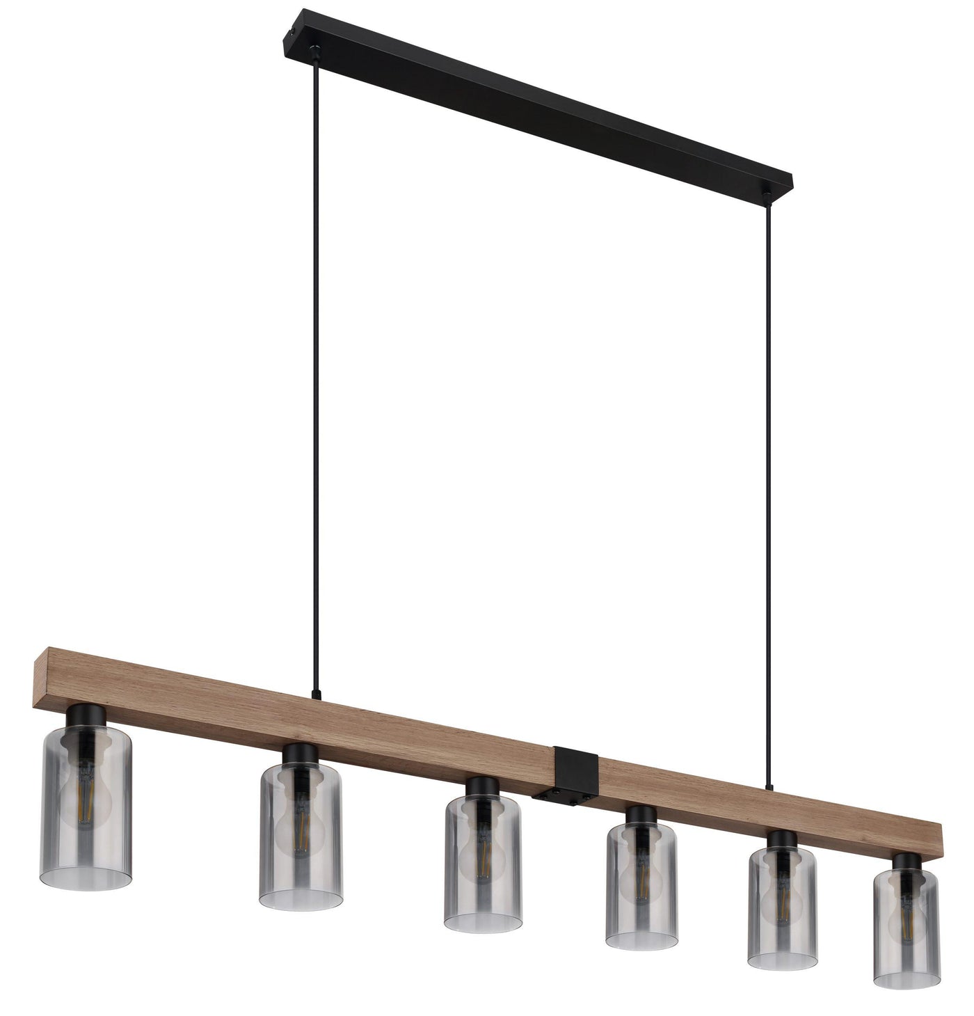 Smoked glass shades and wood pendant lighting for dining room