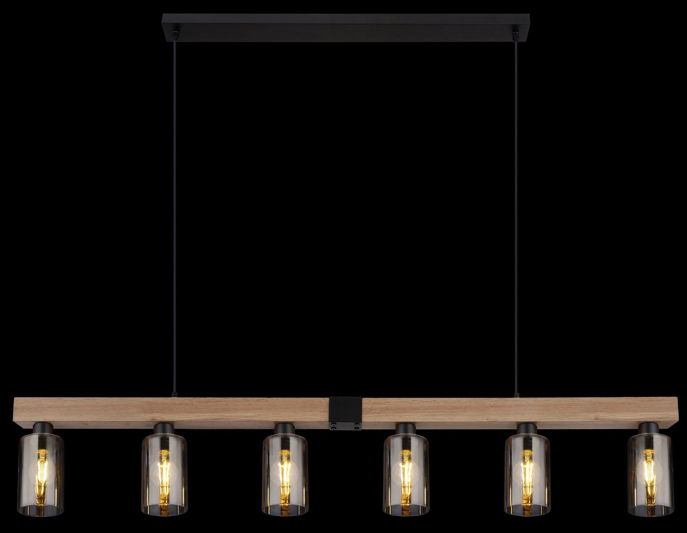 Stylish wood pendant lights over kitchen island and breakfast bar