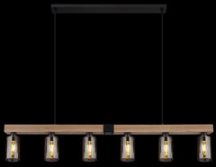 Stylish wood pendant lights over kitchen island and breakfast bar