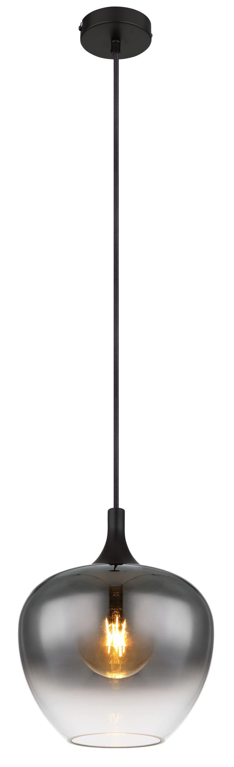 Maxy single smoked glass pendant light with black metal fitting