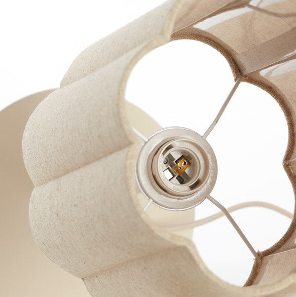 close up image taken from above of linen lamp shade with scalloped edge, showing the inner where the bulb will sit