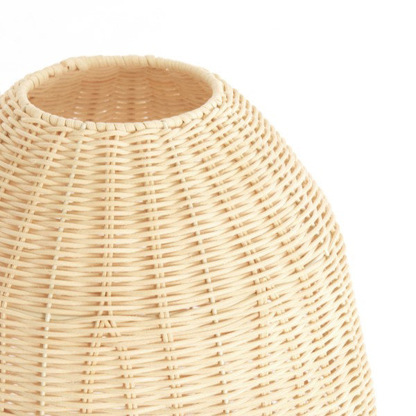 close up image of top of natural coloured rattan lamp shade, with circular hole to show where light will primarily emit
