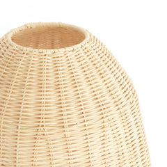 close up image of top of natural coloured rattan lamp shade, with circular hole to show where light will primarily emit