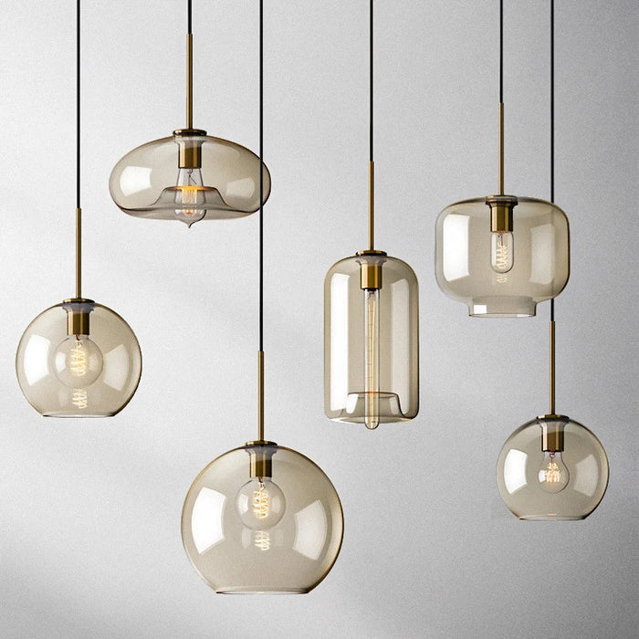 Smoked Glass Globe Pendant Light, Brass Stem with Black Cord Suspension, Kitchen Island, Dining Table & Living Room