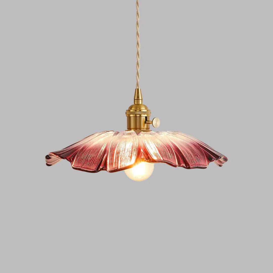 Flower-shaped pendant light – Deep red glass with a gold socket, for the dining room or living room