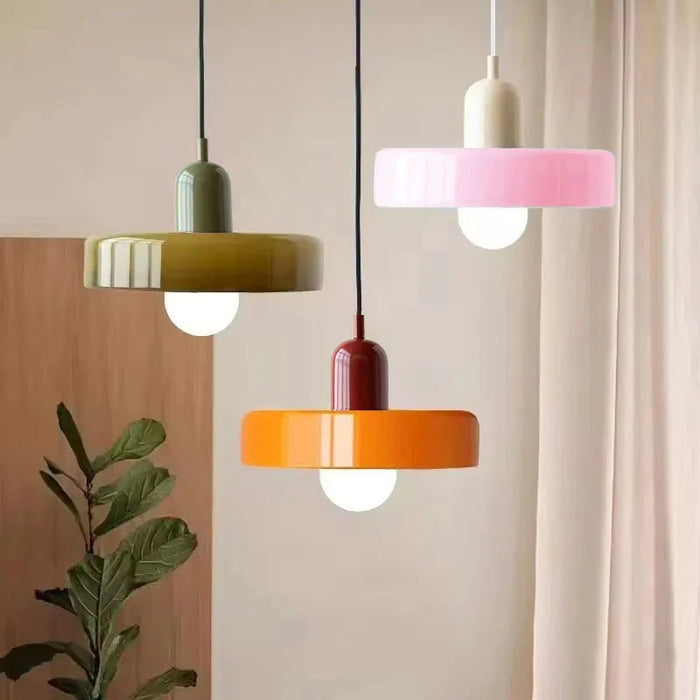 Coloured Glass Disc Pendant Light, Glossy Flat Shade and Contrast Cap, Exposed Globe Bulb, Bedroom, Dining Table & Kitchen Island