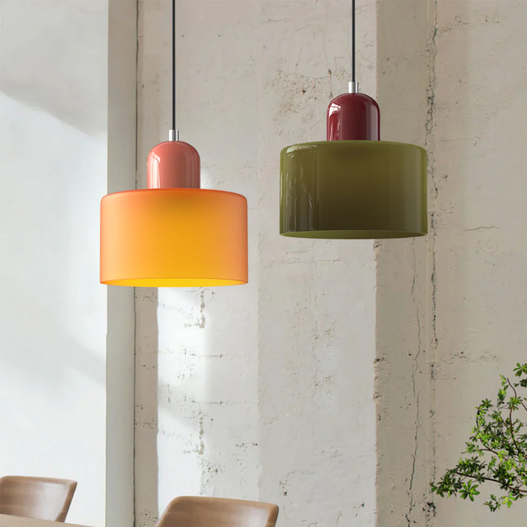 Retro pendant light – Dark green and orange glass shade for a dining table or reading nook, adjustable length up to 150 cm