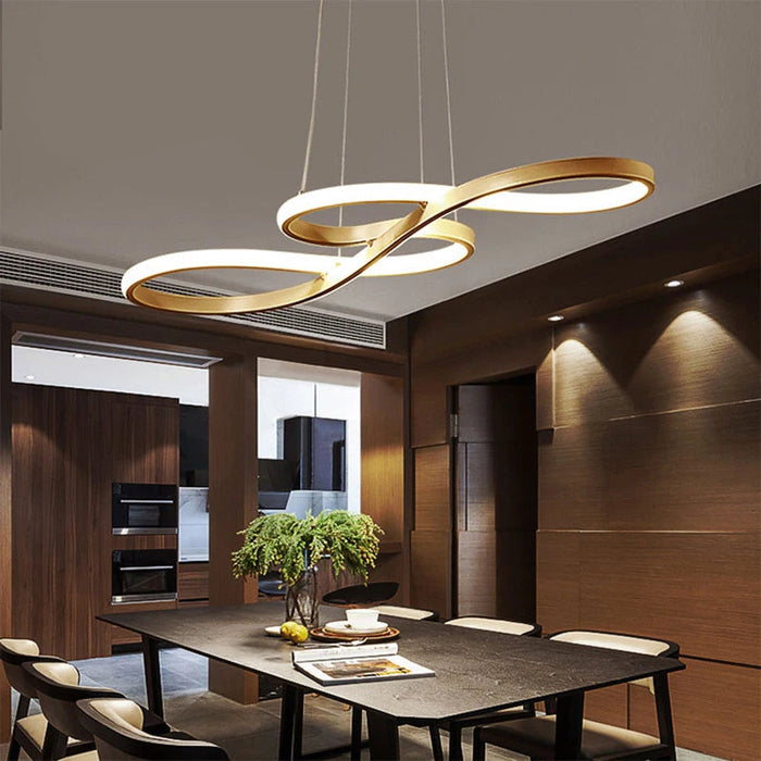 Curved Aluminium Ring Pendant Light, Gold Looped Ribbon with Integrated LED, Kitchen Island, Dining Table & Dining Room