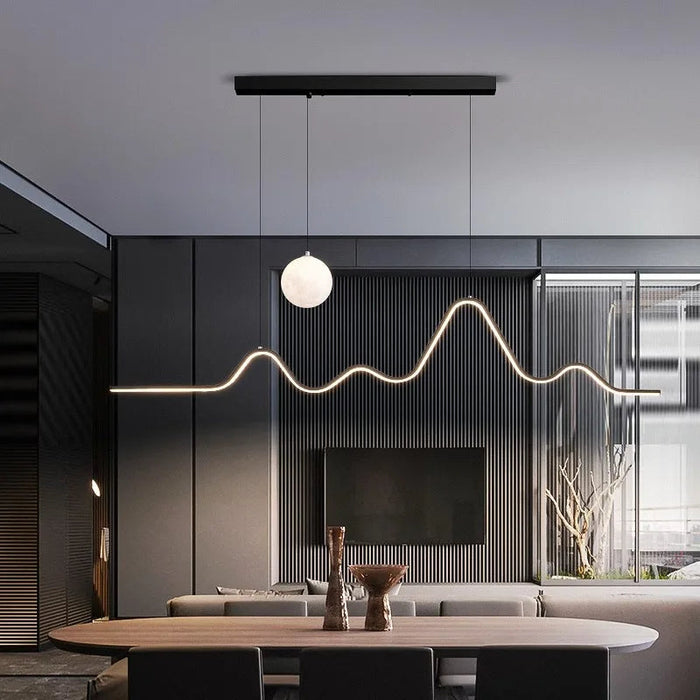Wavy Aluminium Linear Bar Pendant Light, Matt Black with Opal Glass Globe Drop, Living Room, Dining Table & Kitchen Island
