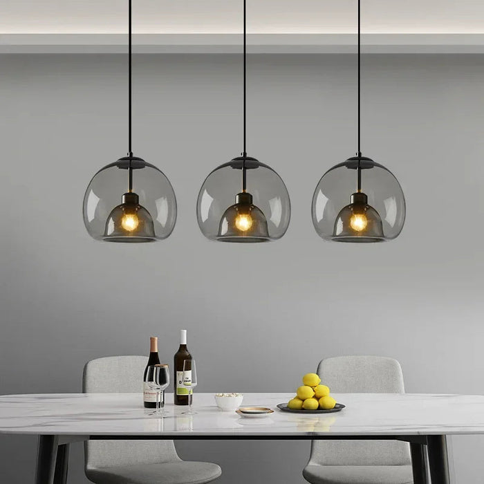 Smoked Glass Dome Pendant Light, Grey Tinted Shade with a Matt Black Cap and Brass Holder, Dining Table & Kitchen Island