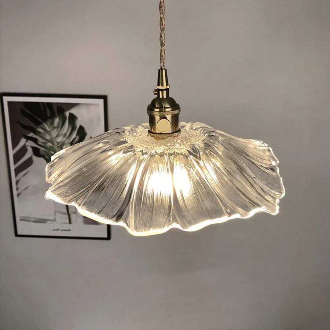 Fluted Clear Glass Cone Pendant Light, Scalloped Rim, Brass Lamp Holder with a Switch, Dining Room & Living Room