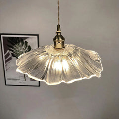 Fluted Clear Glass Cone Pendant Light, Scalloped Rim, Brass Lamp Holder with a Switch, Dining Room & Living Room