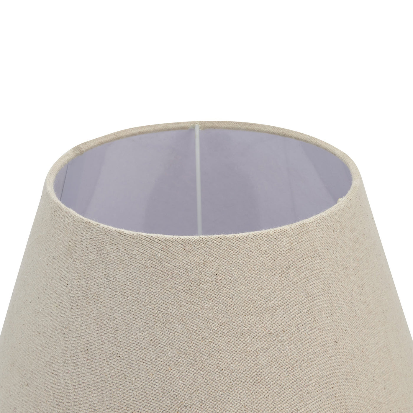 close up on top of washed wood brown urn shaped lamp with linen shade