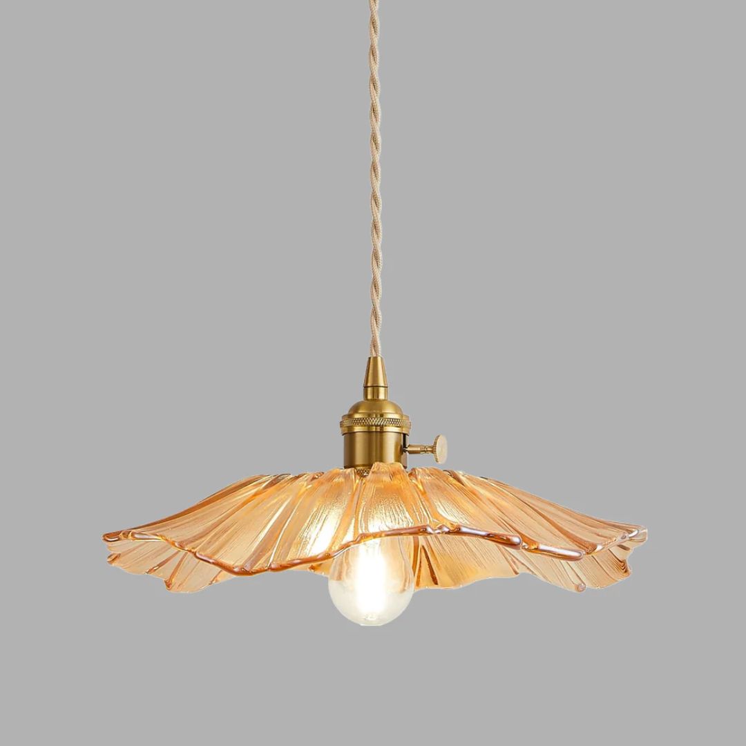 Fluted Amber Glass Cone Pendant Light, Scalloped Rim, Brass Lamp Holder with a Switch, Dining Room & Living Room