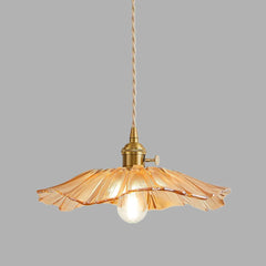 Fluted Amber Glass Cone Pendant Light, Scalloped Rim, Brass Lamp Holder with a Switch, Dining Room & Living Room