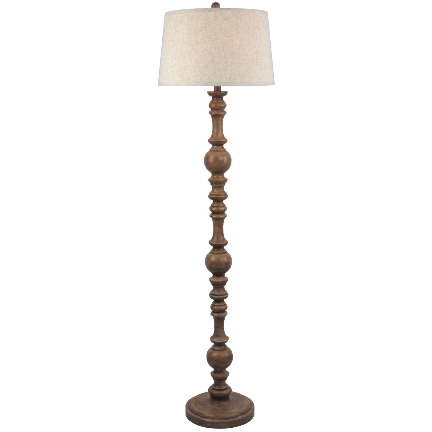 image cut out on white background of brown rustic floor lamp with traditional edged linen shade