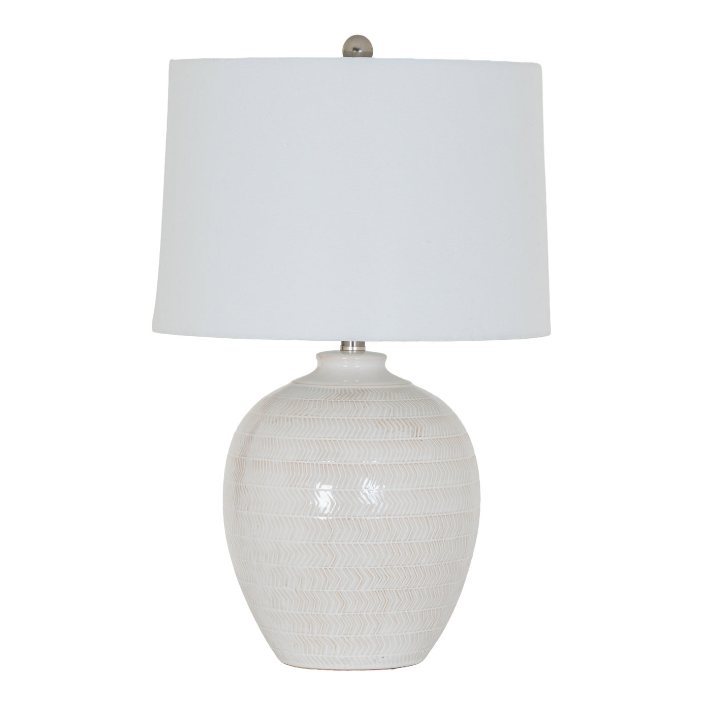 image cut out on white background of white ceramic table vase with chevronne effect on the base
