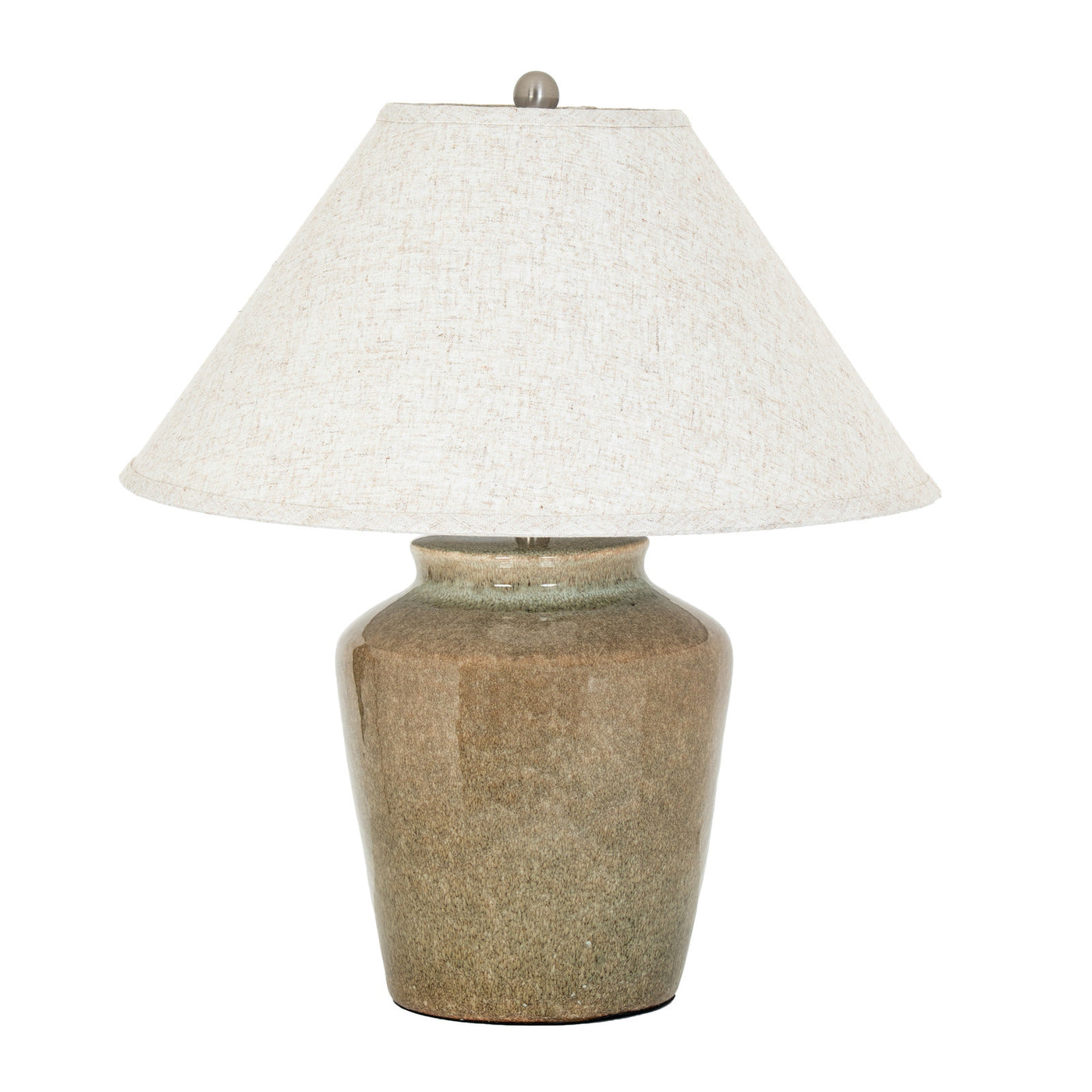 cut out of mottled green lamp with linen shade