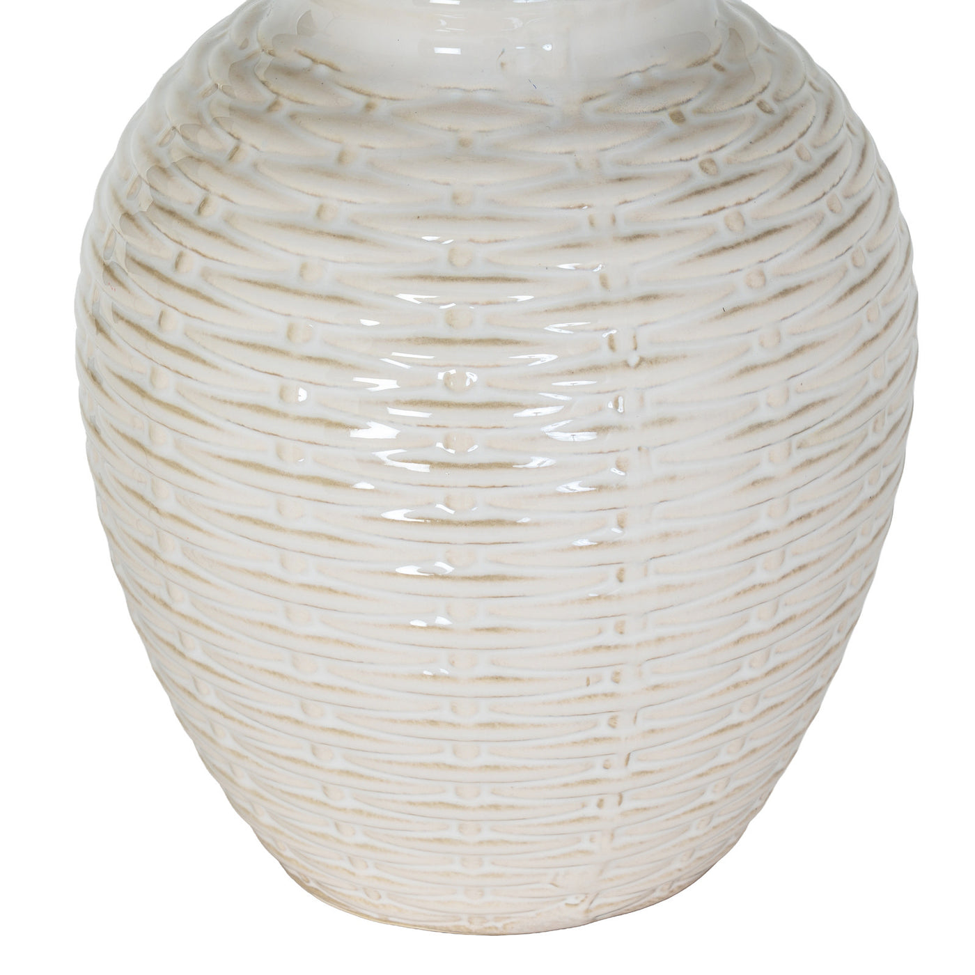 close up on ceramic bottom half of lamp, in white basketweave texture