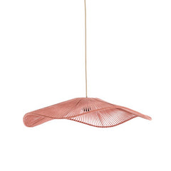 image of woven wavy lamp shade with long hanging cable, in terracotta colour