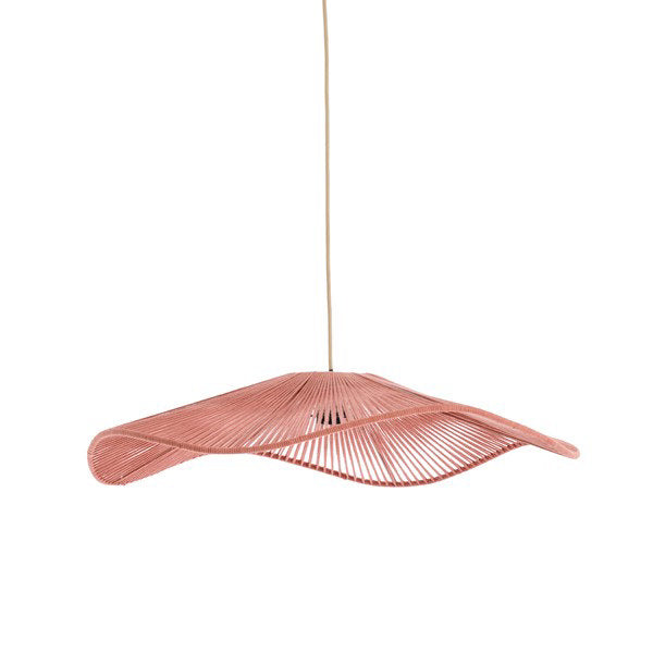 image of woven wavy lamp shade with long hanging cable, in terracotta colour