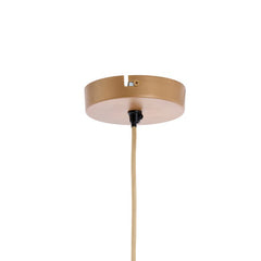 close up on gold coloured ceiling fixture part of hanging woven terracotta shade