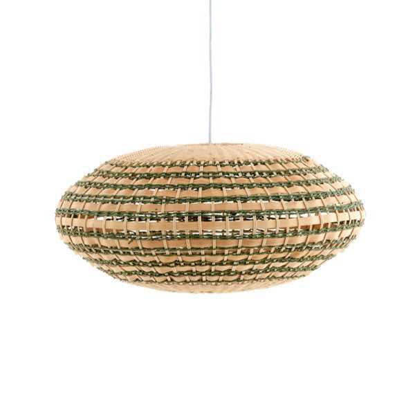 image cut out on white background of woven rattan shade in natural and green colours, in size 59cm