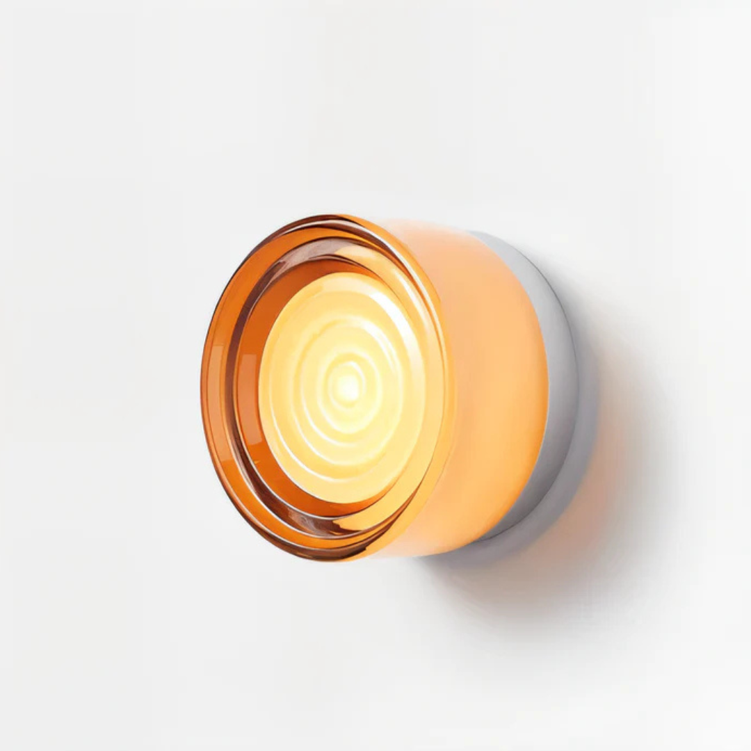 Amber Glass Disc Wall Light, White Metal Ring with a Thick Round Lens, Warm Downward Glow, Set of 2, Bedside, Living Room & Hallway