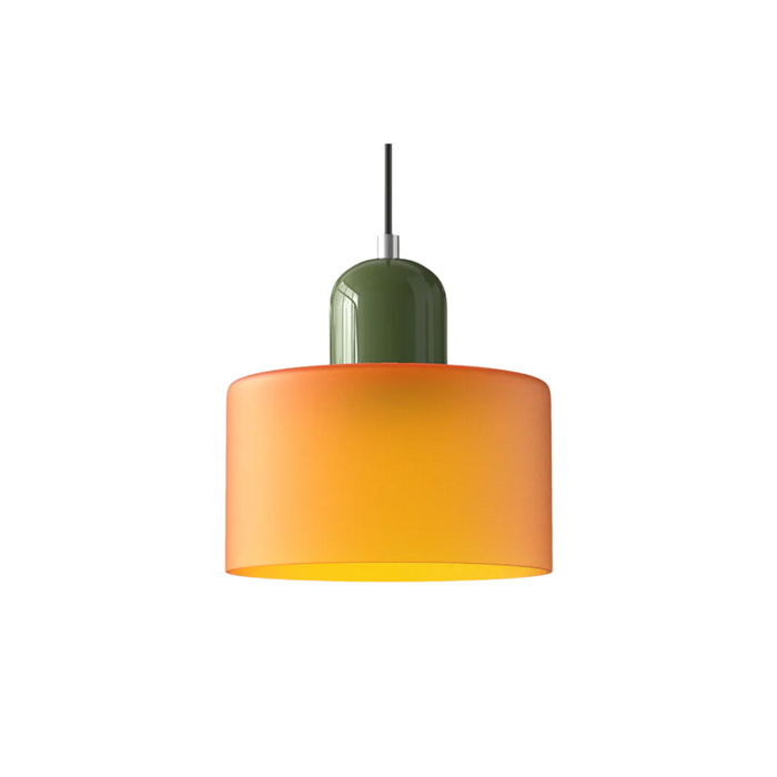 Coloured Glass Drum Pendant Light, Orange Shade with a Glossy Green Cap, Adjustable Drop, Mid-Century Style, Dining Table & Reading Corner