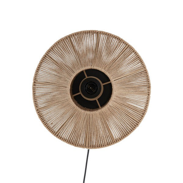 image cut out on white background of circular woven natural coloured wall light with bulb turned off